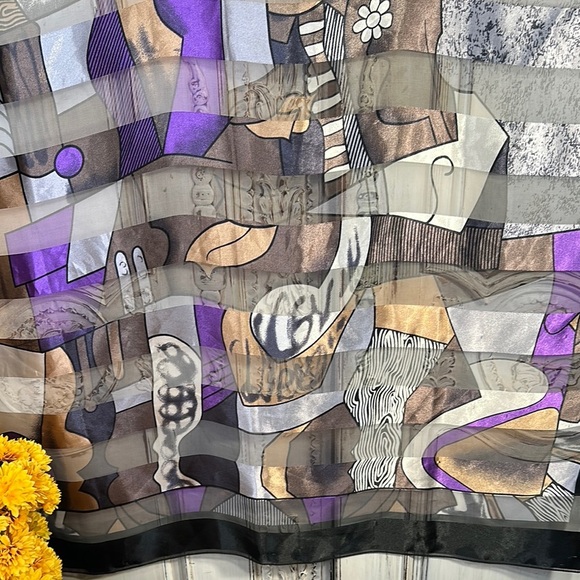 Picasso Abstract Patterned Scarf in Purple and Black Sheer and Opaque - Picture 4 of 5